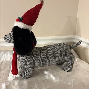 Festive Herringbone Dachshund Plush with Santa Hat